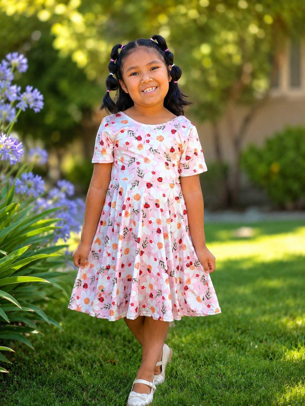  
Ladybug Floral Twirl Dress + Black Biker Shorts Set