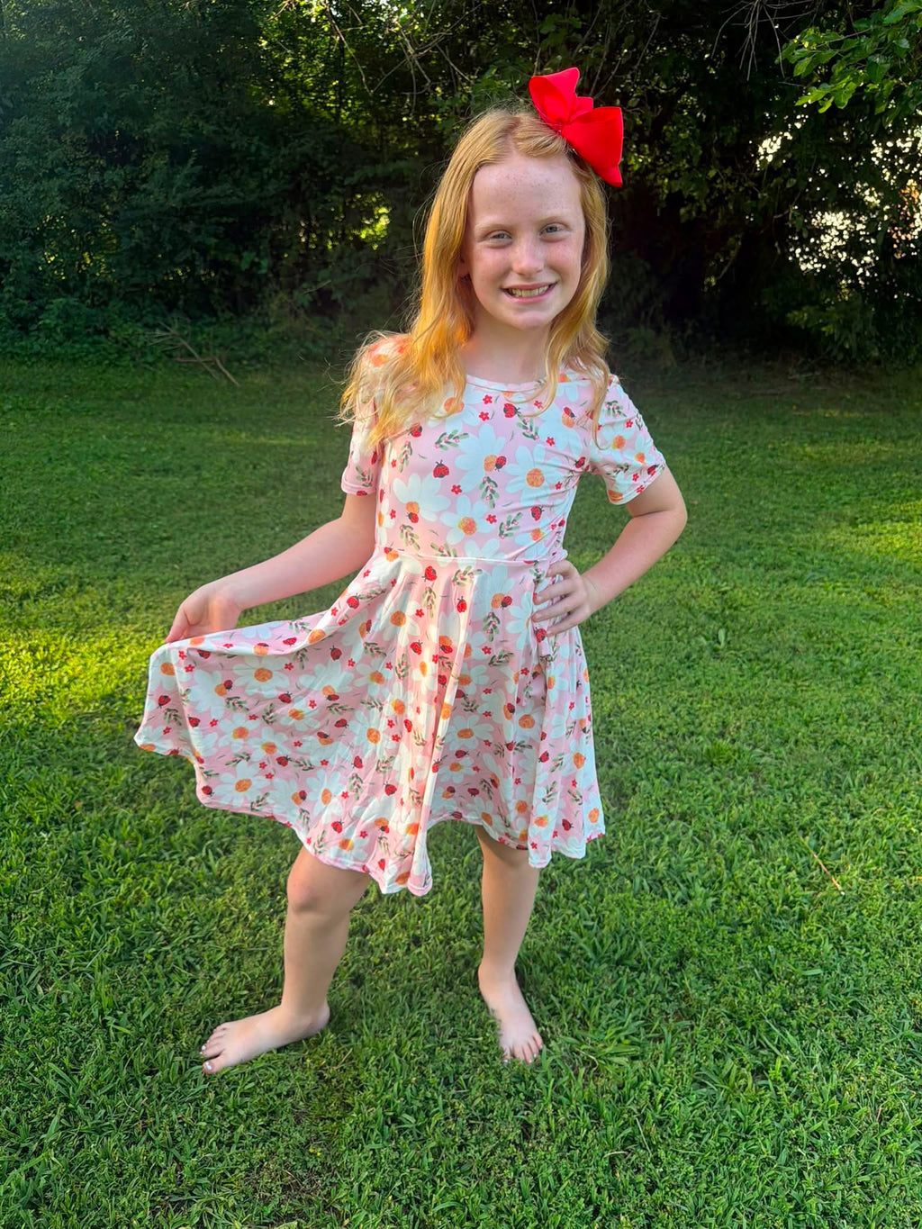  
Ladybug Floral Twirl Dress + Black Biker Shorts Set