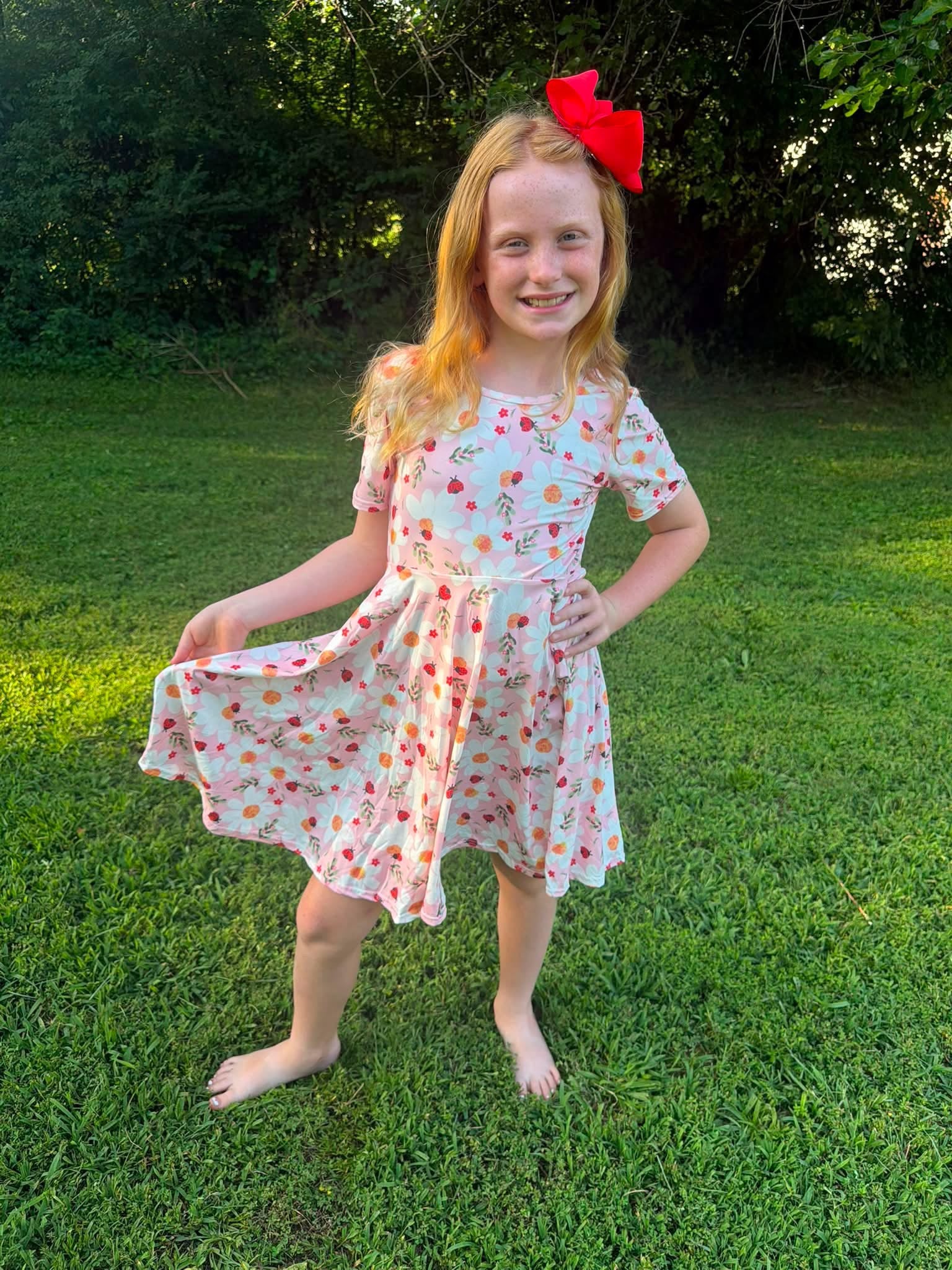  
Ladybug Floral Twirl Dress + Black Biker Shorts Set