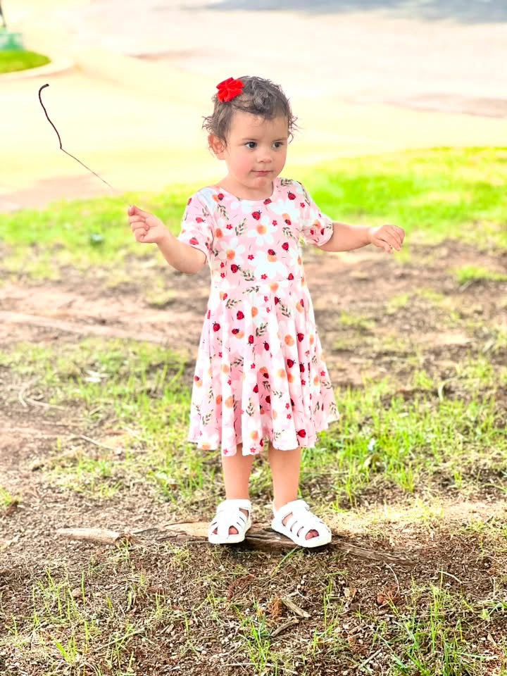  
Ladybug Floral Twirl Dress + Black Biker Shorts Set