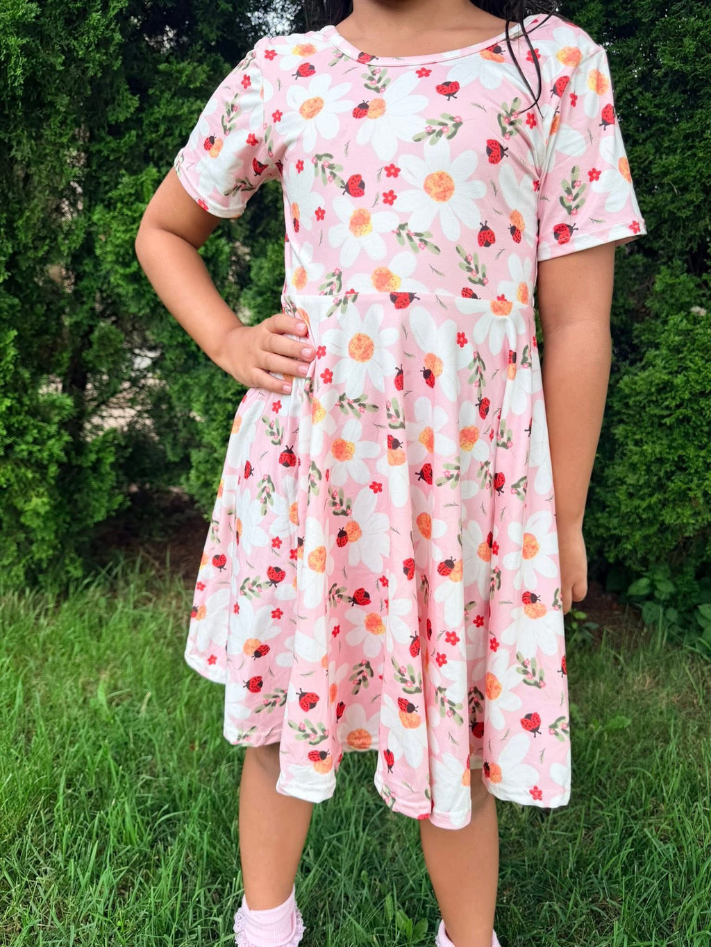  
Ladybug Floral Twirl Dress + Black Biker Shorts Set