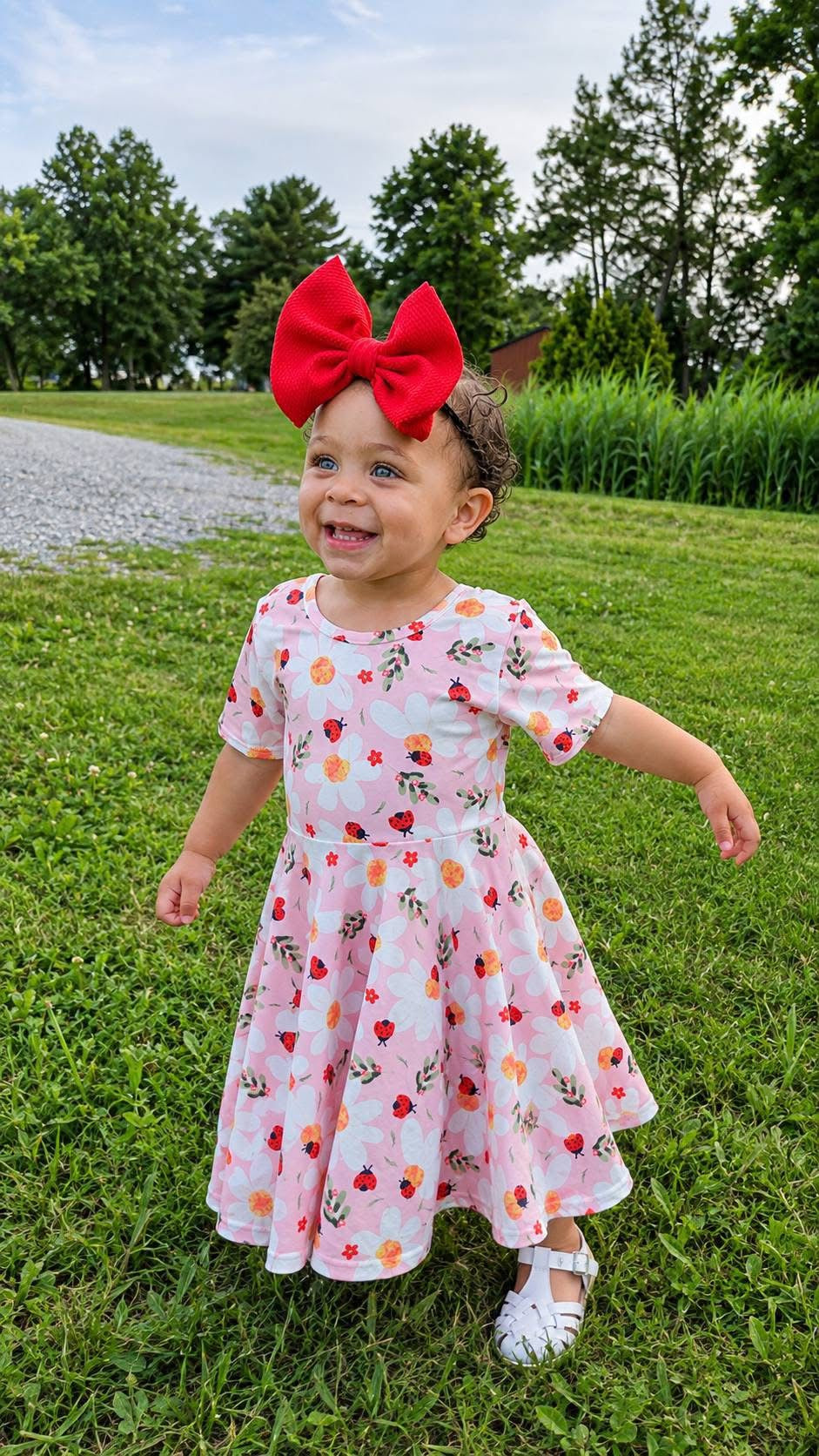  
Ladybug Floral Twirl Dress + Black Biker Shorts Set
