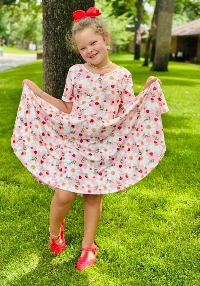  
Ladybug Floral Twirl Dress + Black Biker Shorts Set
