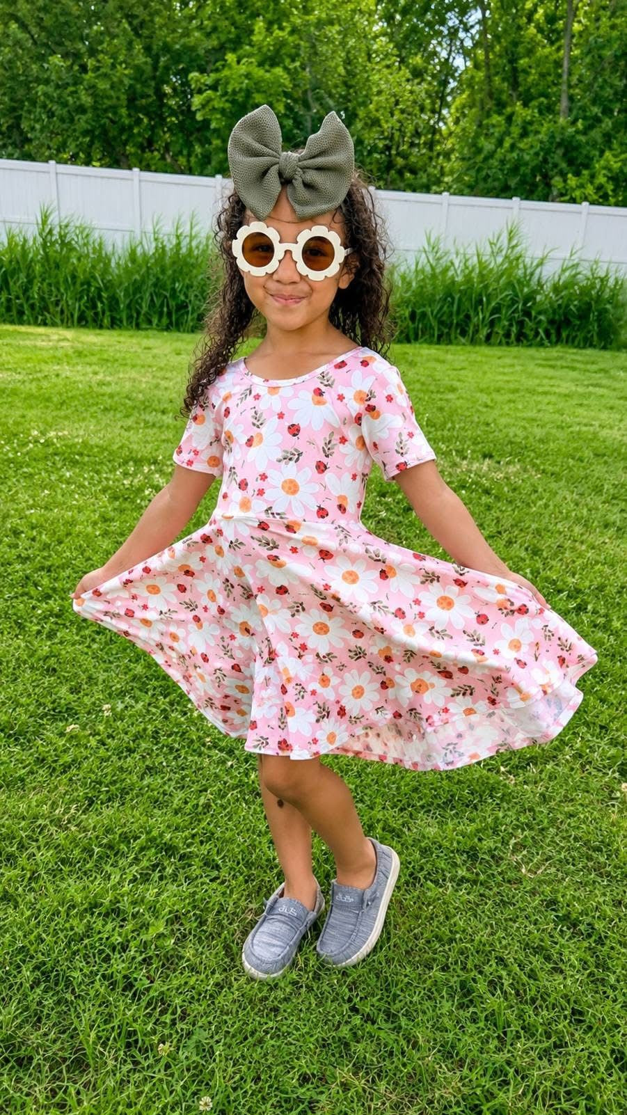  
Ladybug Floral Twirl Dress + Black Biker Shorts Set