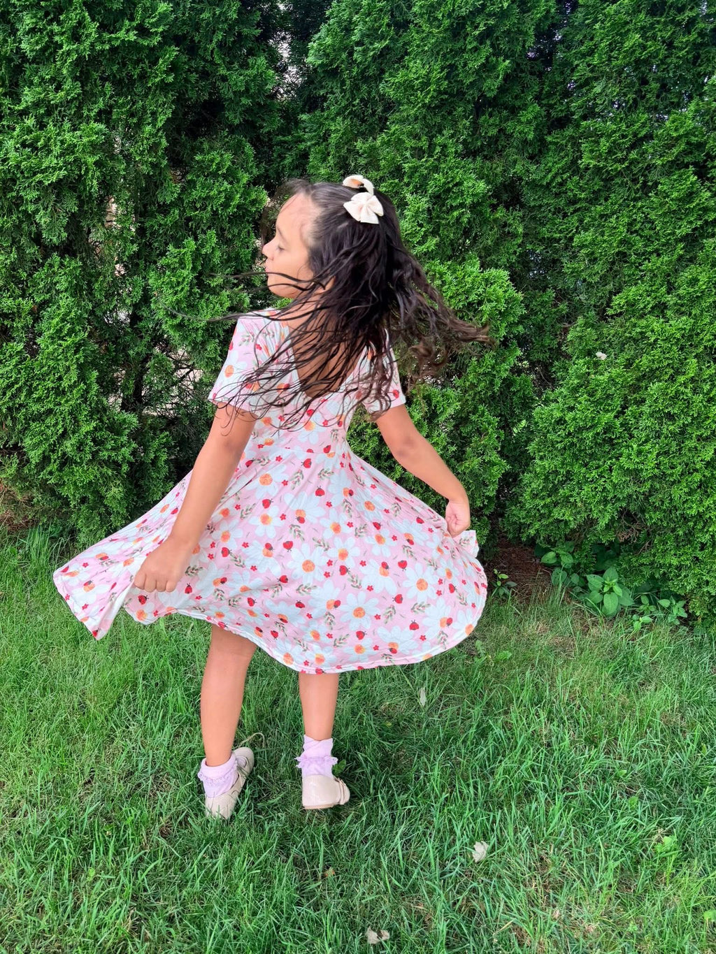  
Ladybug Floral Twirl Dress + Black Biker Shorts Set