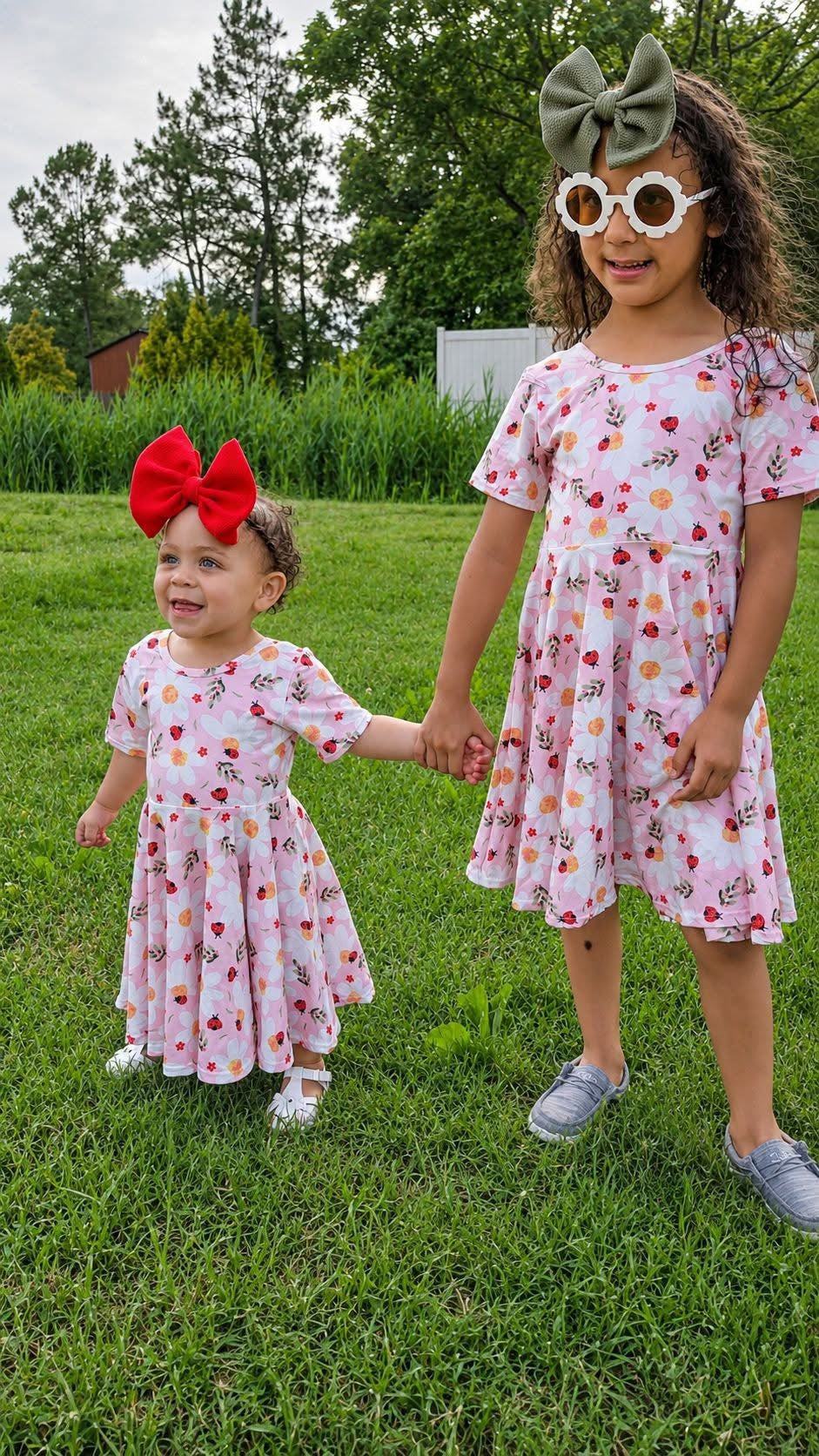  
Ladybug Floral Twirl Dress + Black Biker Shorts Set