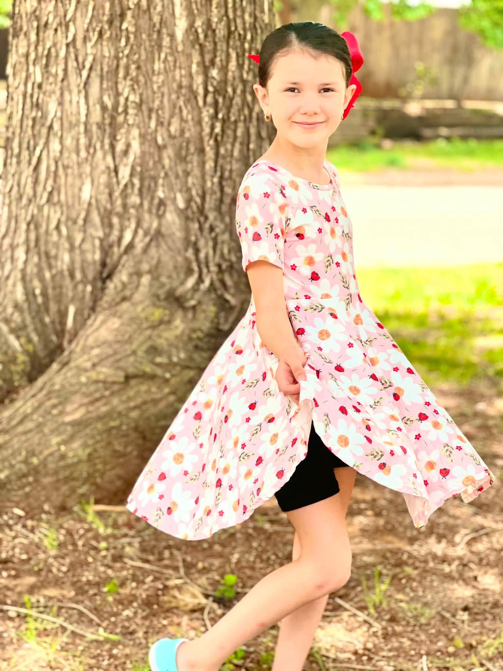  
Ladybug Floral Twirl Dress + Black Biker Shorts Set