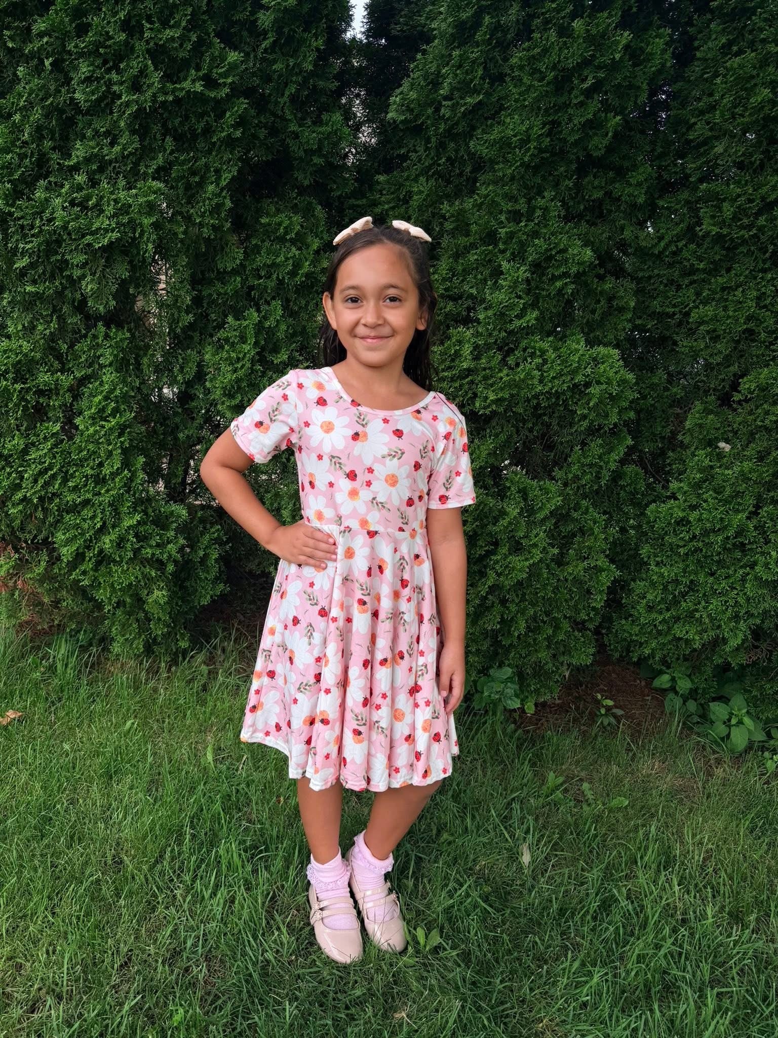  
Ladybug Floral Twirl Dress + Black Biker Shorts Set